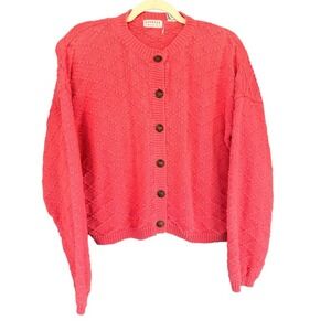 A3 90s VTG Express Tricot Cardigan Coral Pink Button Front Knit Sweater Womens L